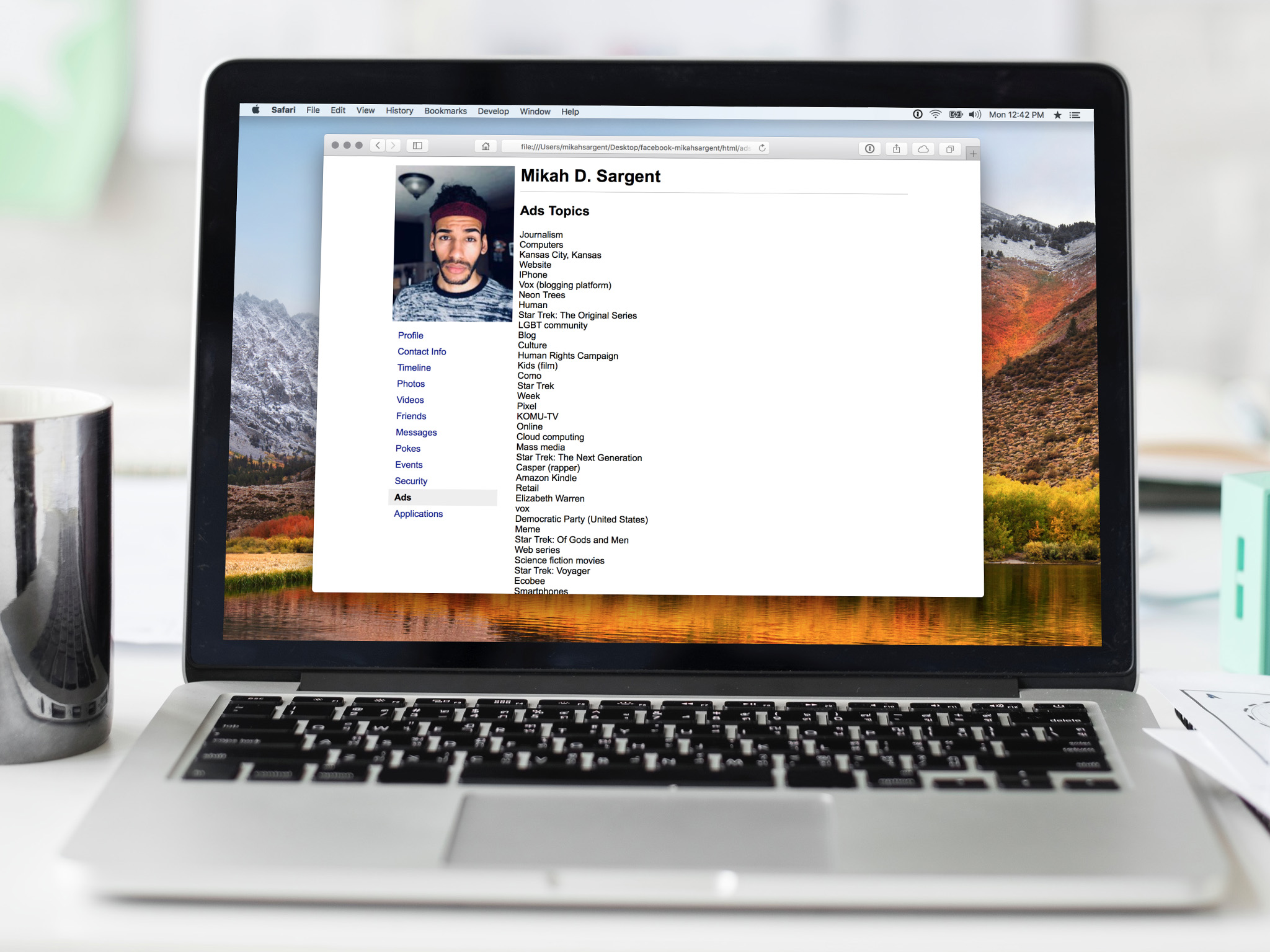 A MacBook Pro with a user's Facebook data displayed - How to download your Facebook data
