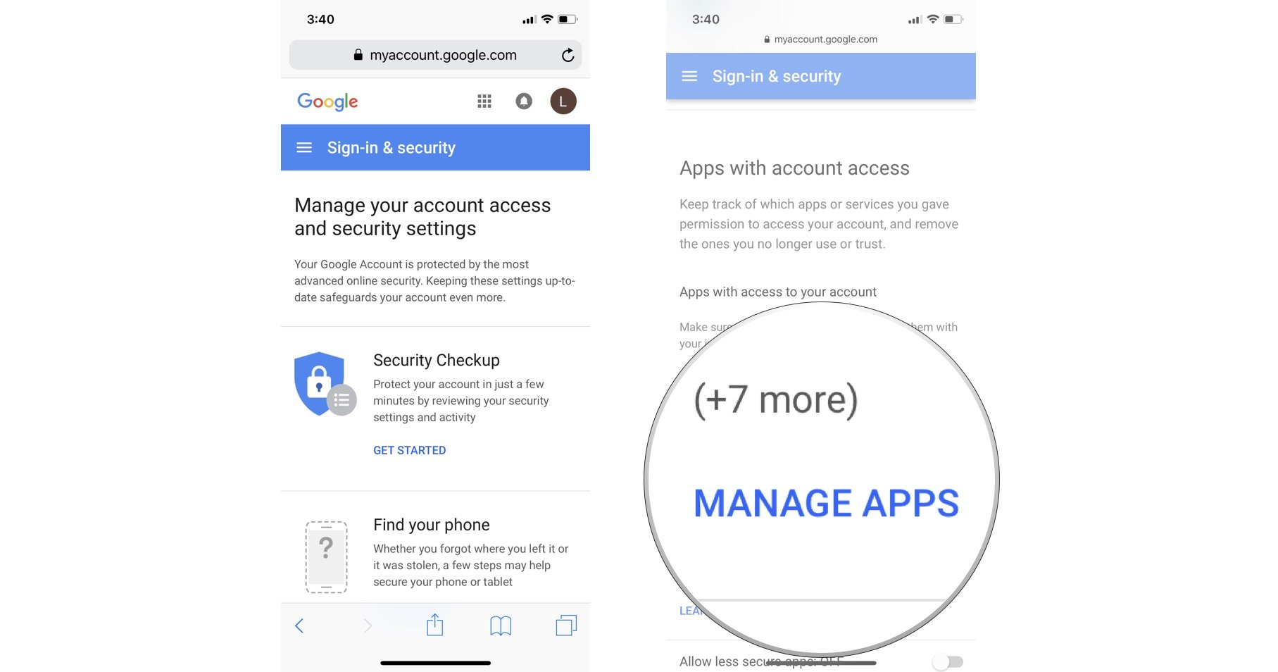Перейдите на страницу входа в систему Google Security, затем перейдите в Приложения с доступом к учетной записи, затем коснитесь или щелкните Управление приложениями.