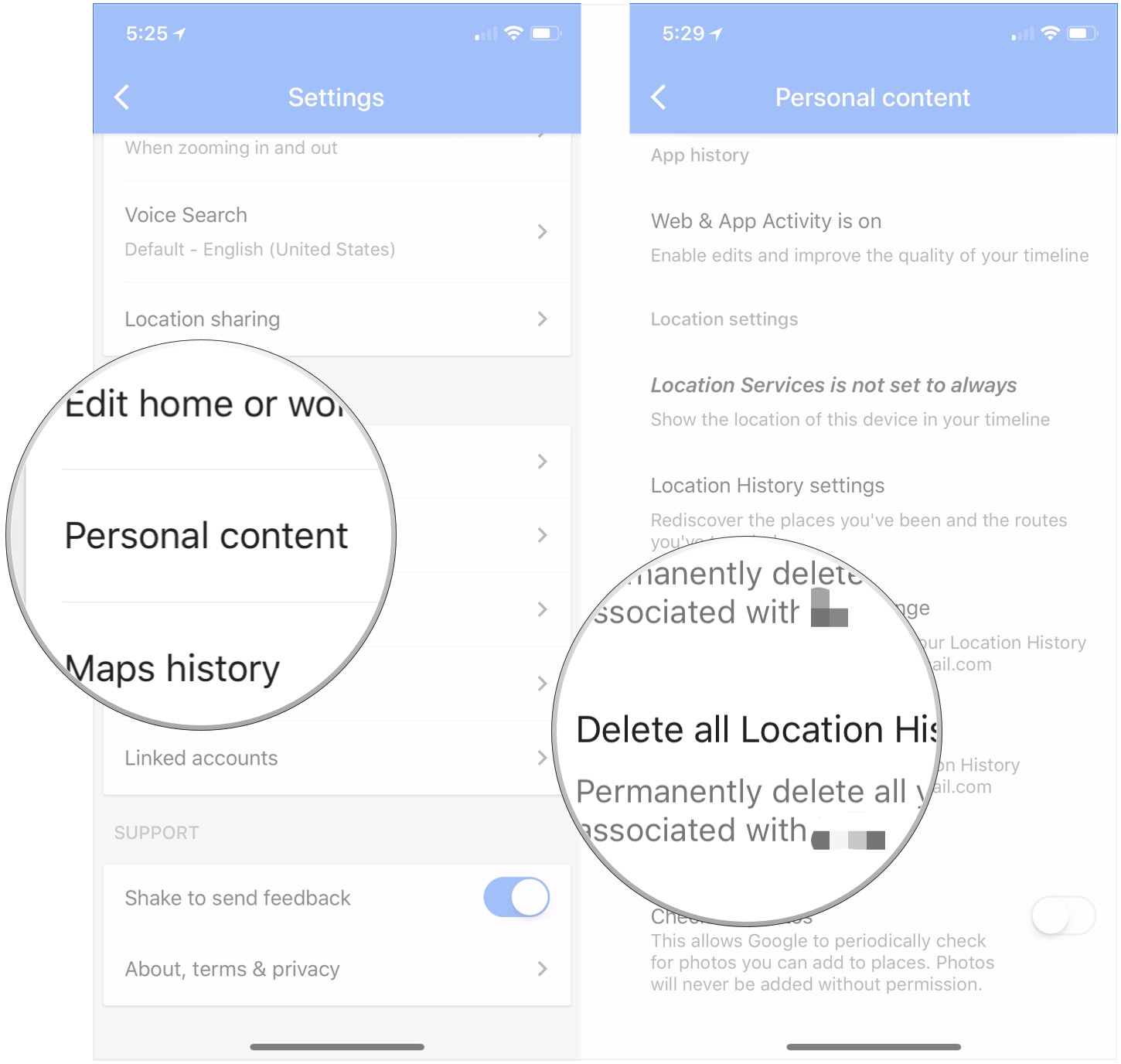 Tap Personal content, tap Delete all Location History