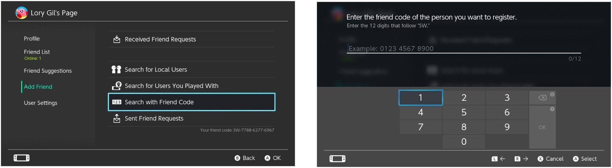 Select Search with Friend Code, then enter the friend code