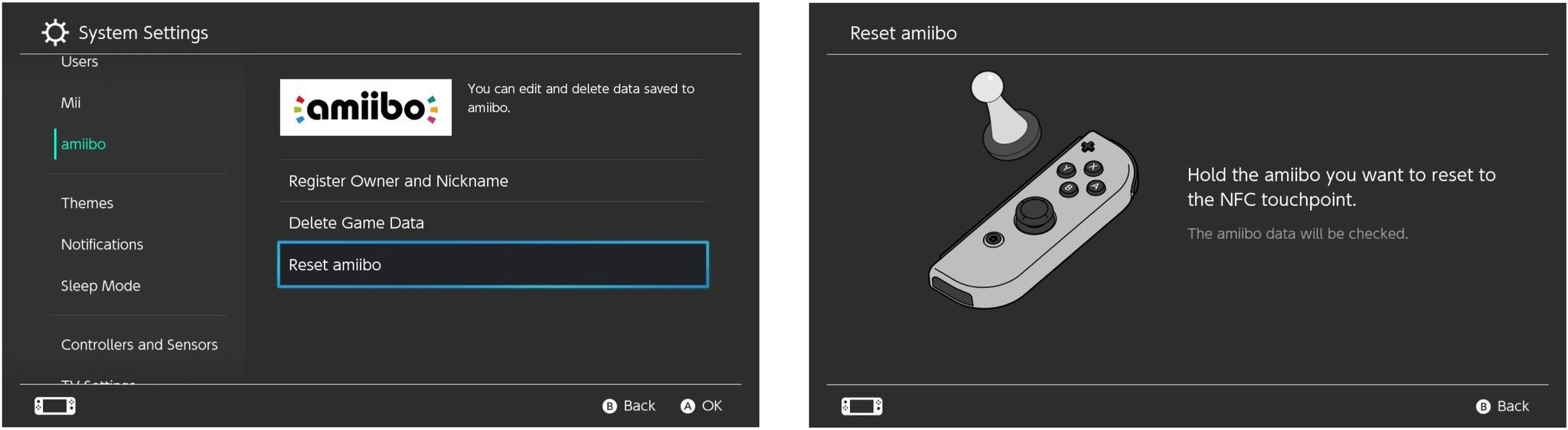 Select Reset amiibo, then place amiibo on the NFC reader