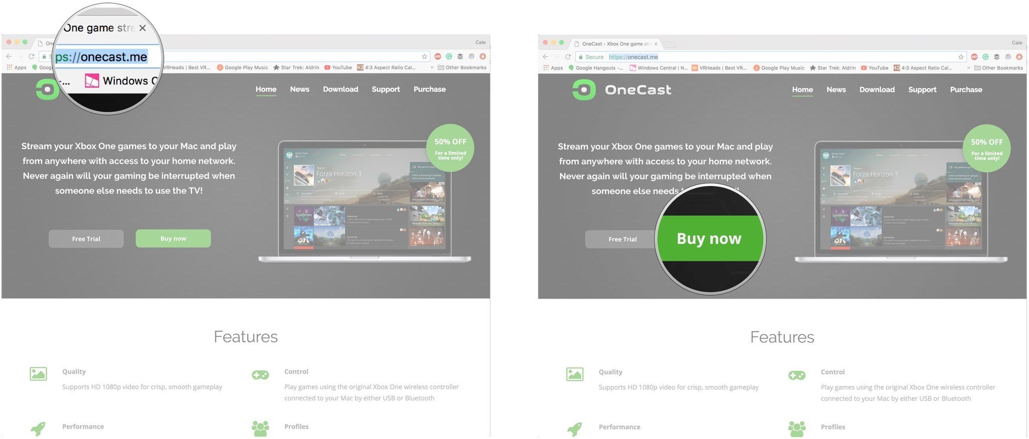 Navigate to the OneCast website. Click Free Trial or Buy Now.