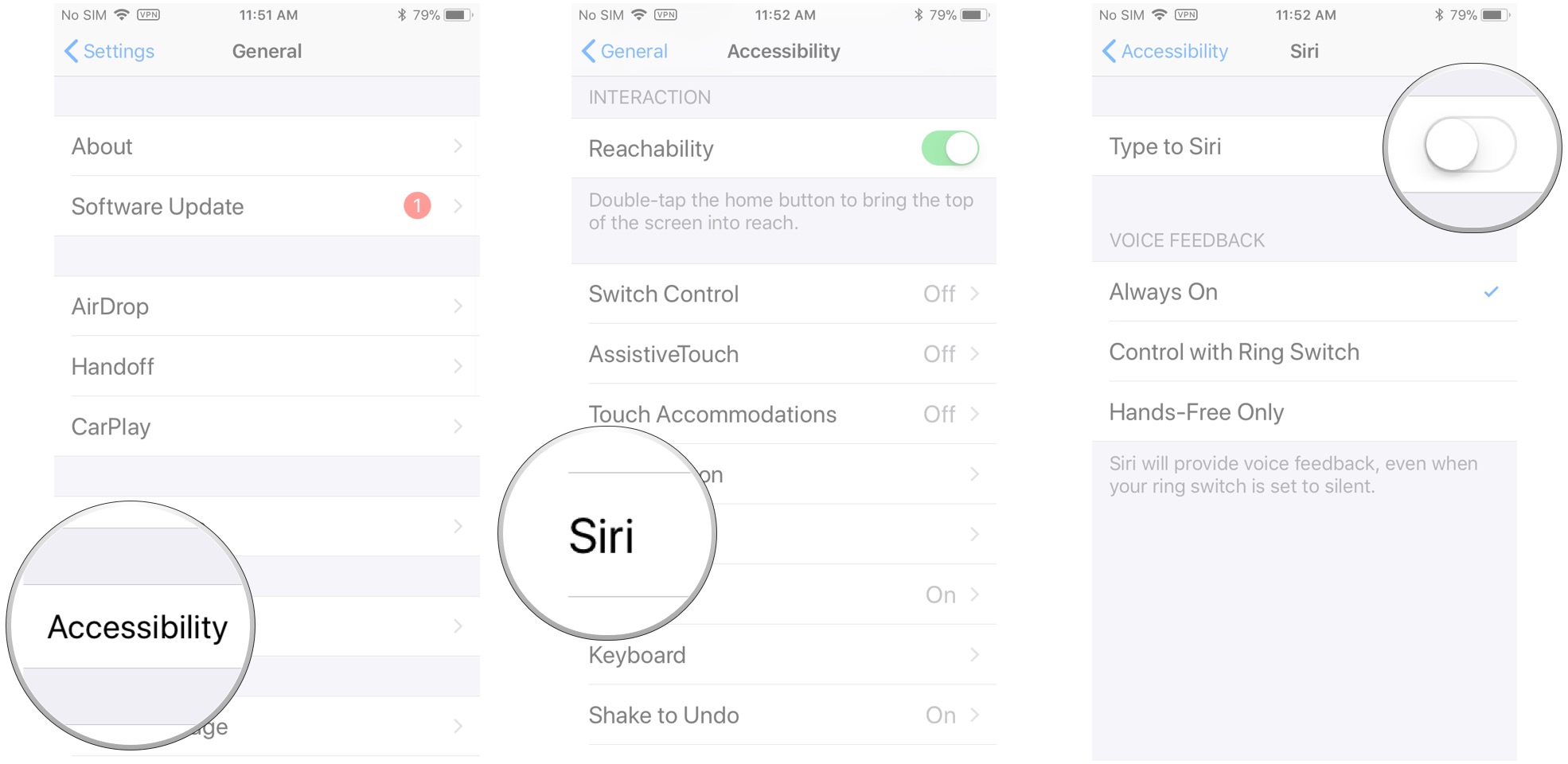 Launch Settings, tap General, tap Accessibility, tap Siri, tap the switch next to Type to Siri