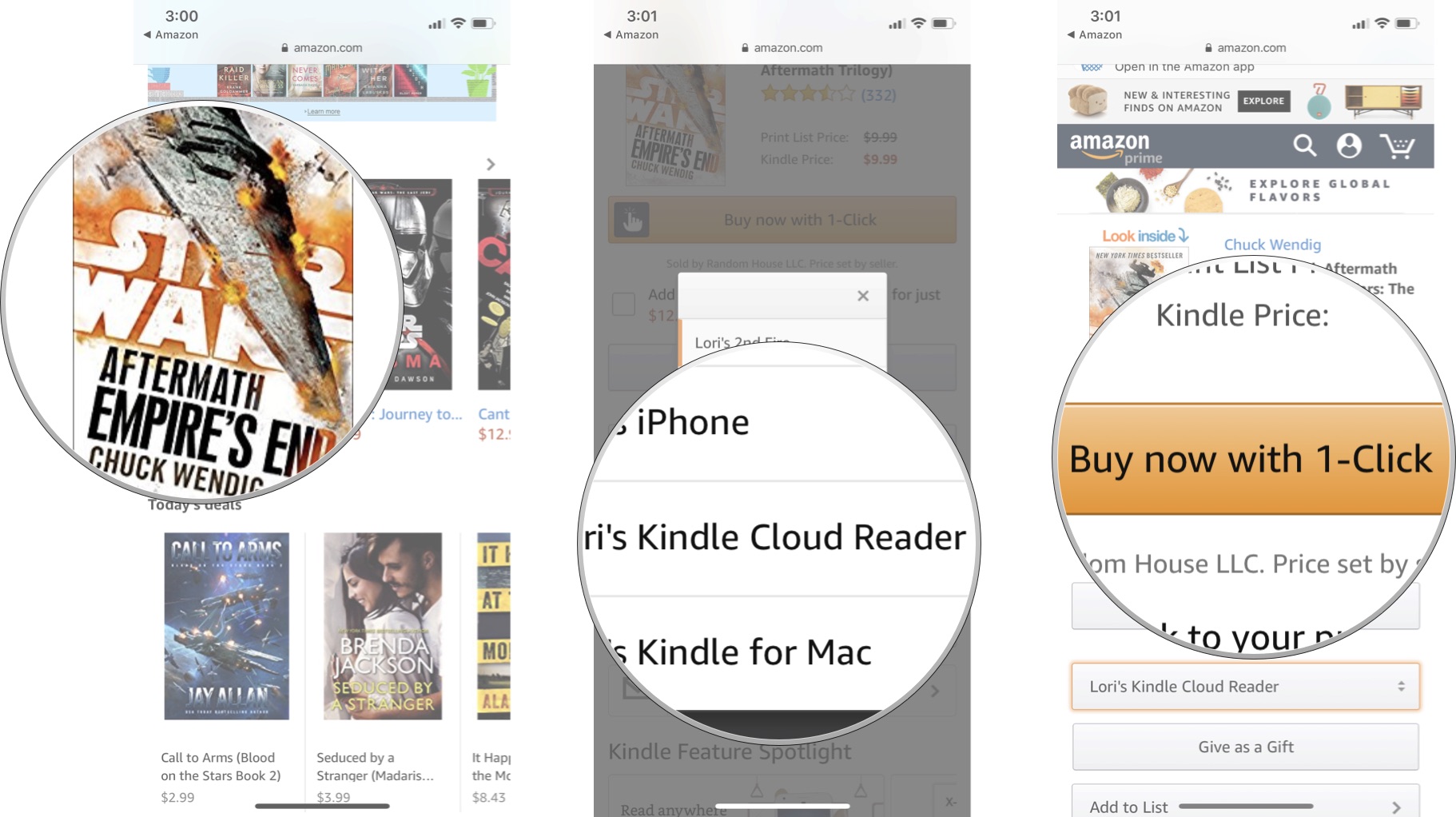 Выберите книгу, затем выберите Kindle Cloud Reader в разделе «Доставить в», затем нажмите «Купить в 1 щелчок».