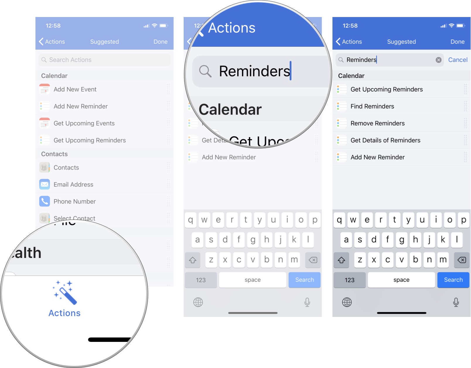 Tap Actions, then search for Reminders, then select the action