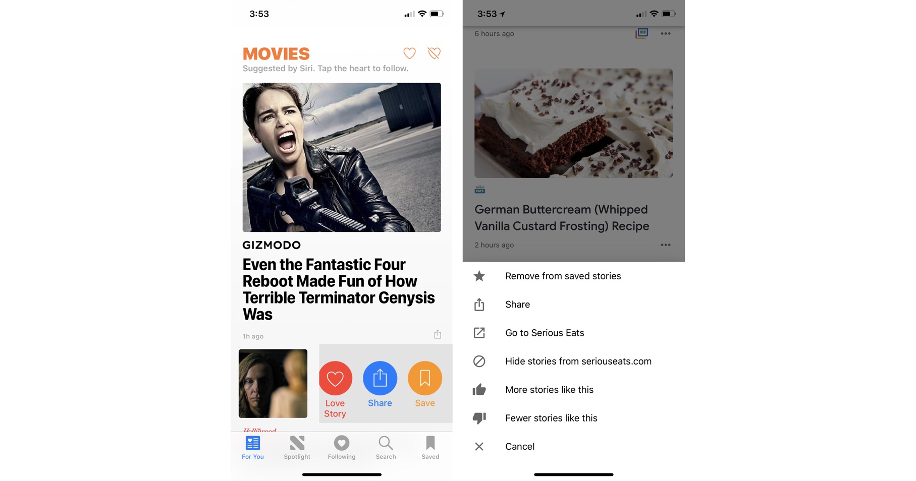 The user interface in Apple News and Google News