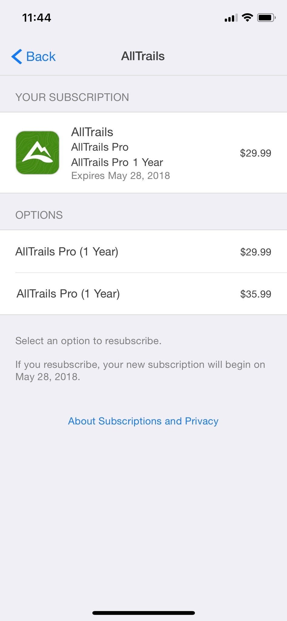A canceled subscription still in the active list will read "expires" instead of "renews"