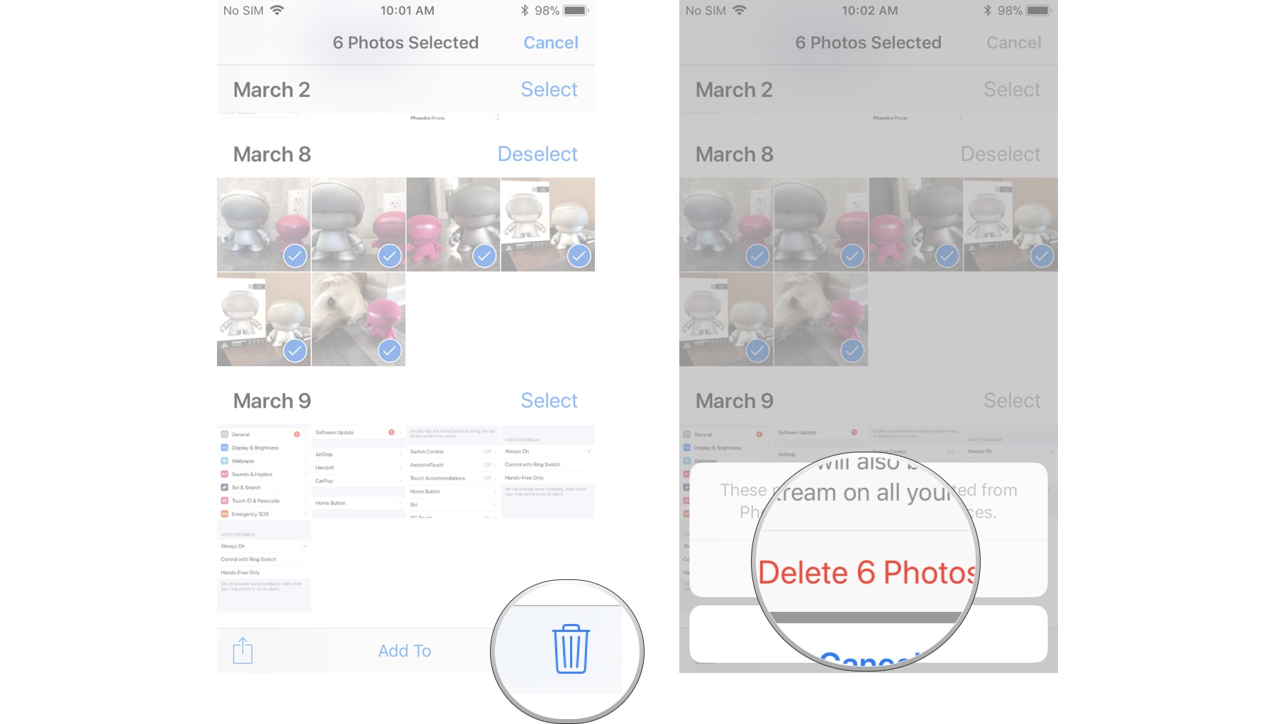 Tap the delete button, tap Delete Photos in the prompt