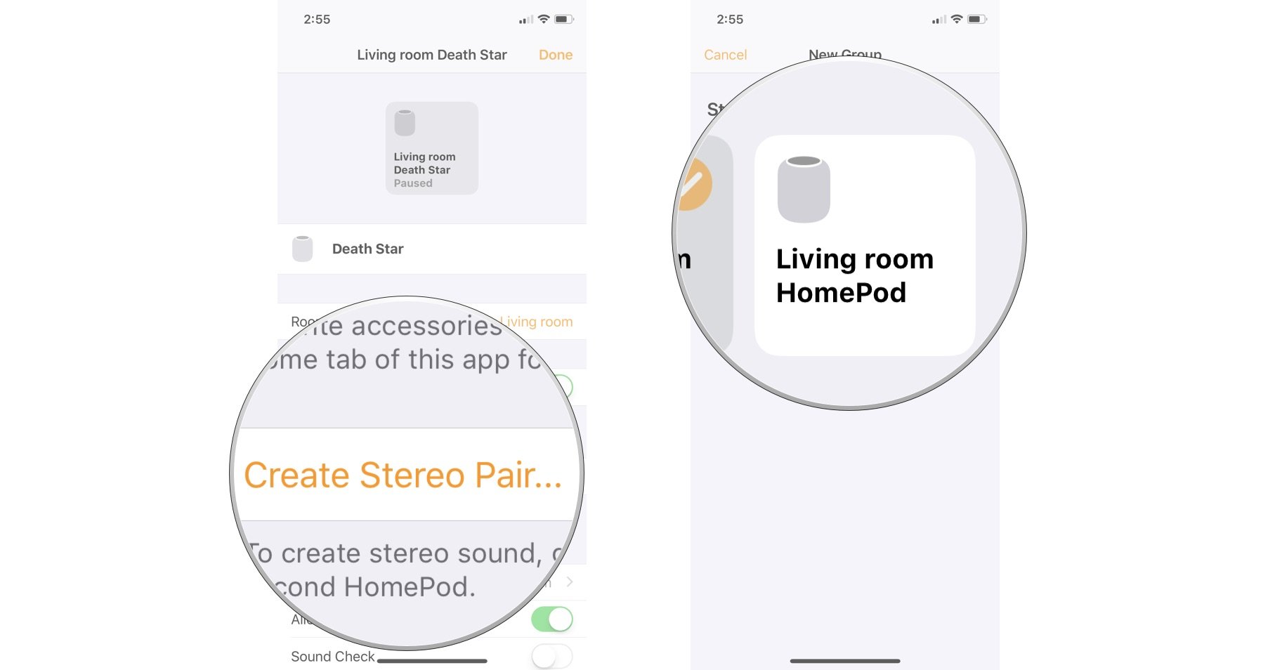 Tap Create Stereo Pair, then select the other HomePod