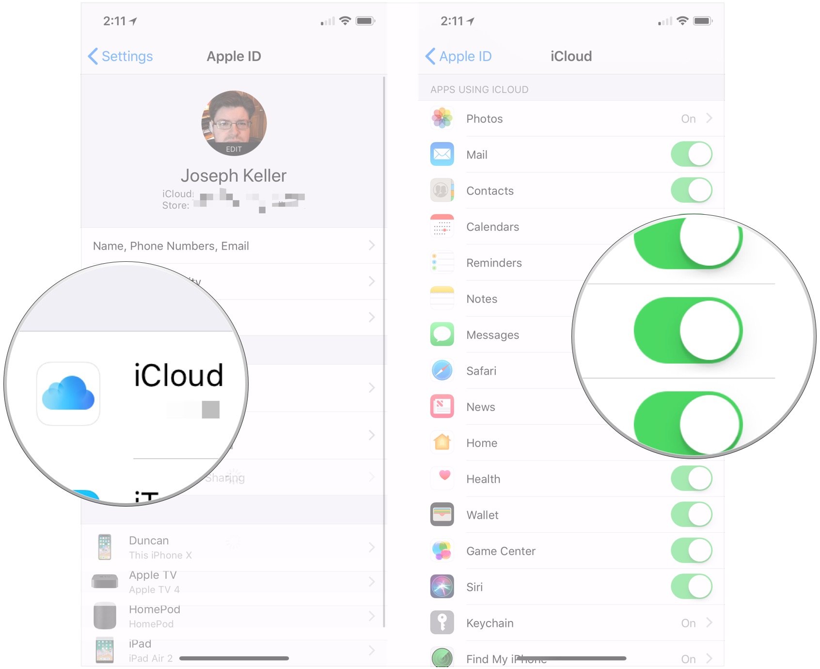 Tap iCloud, tap Messages switch