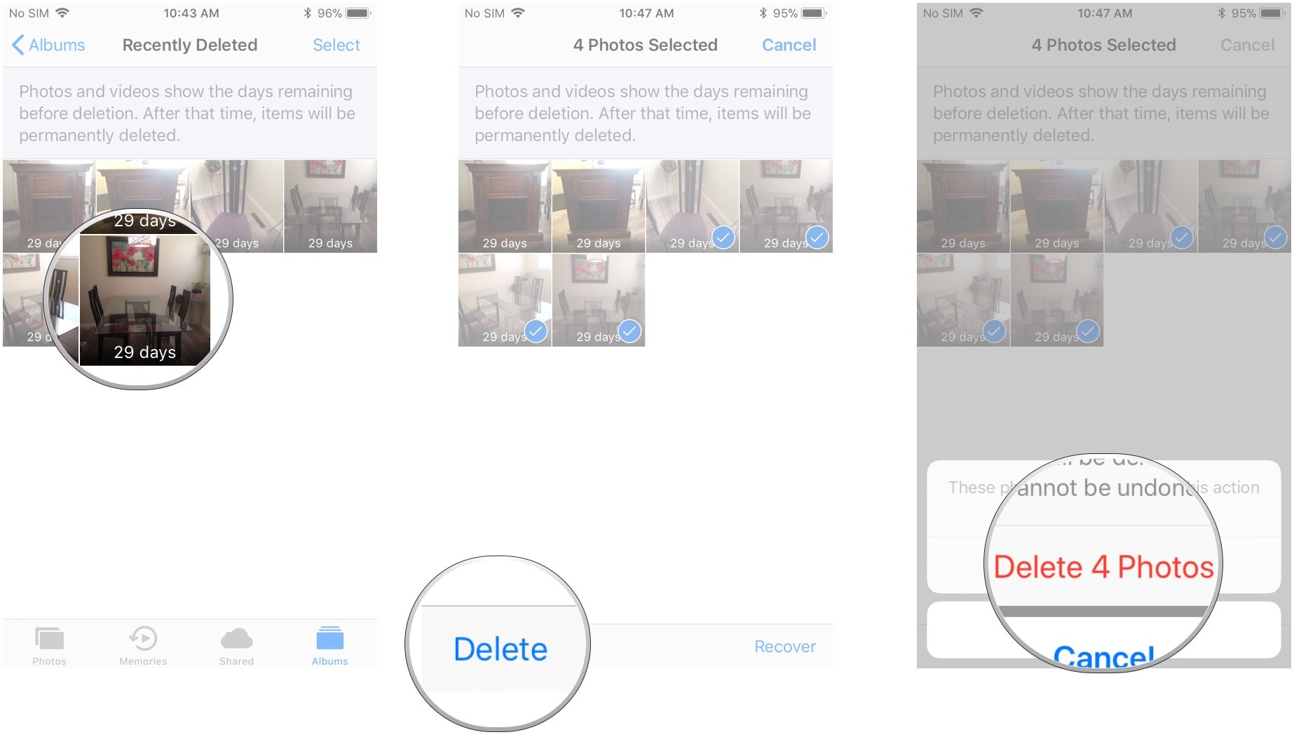 Tap the photos you want to delete forever, tap Delete, tap Delete Photos in the prompt