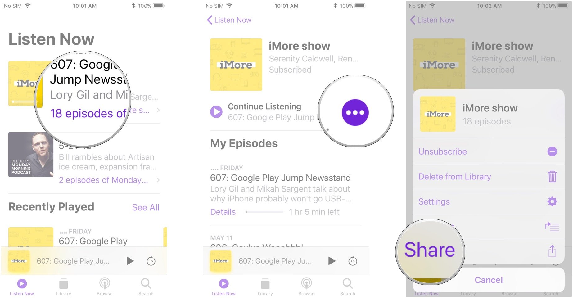 Tap a podcast, tap the more button, tap Share, tap a sharing method, share as you would normally