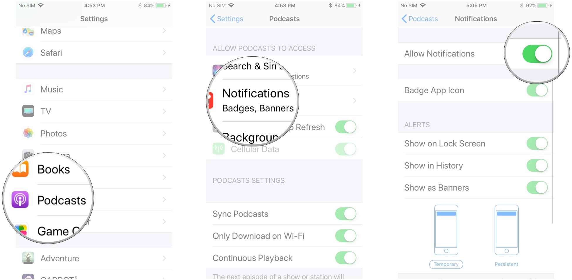 Launch Settings, tap Podcasts, tap Notifications, tap the switch next to Allow Notifications