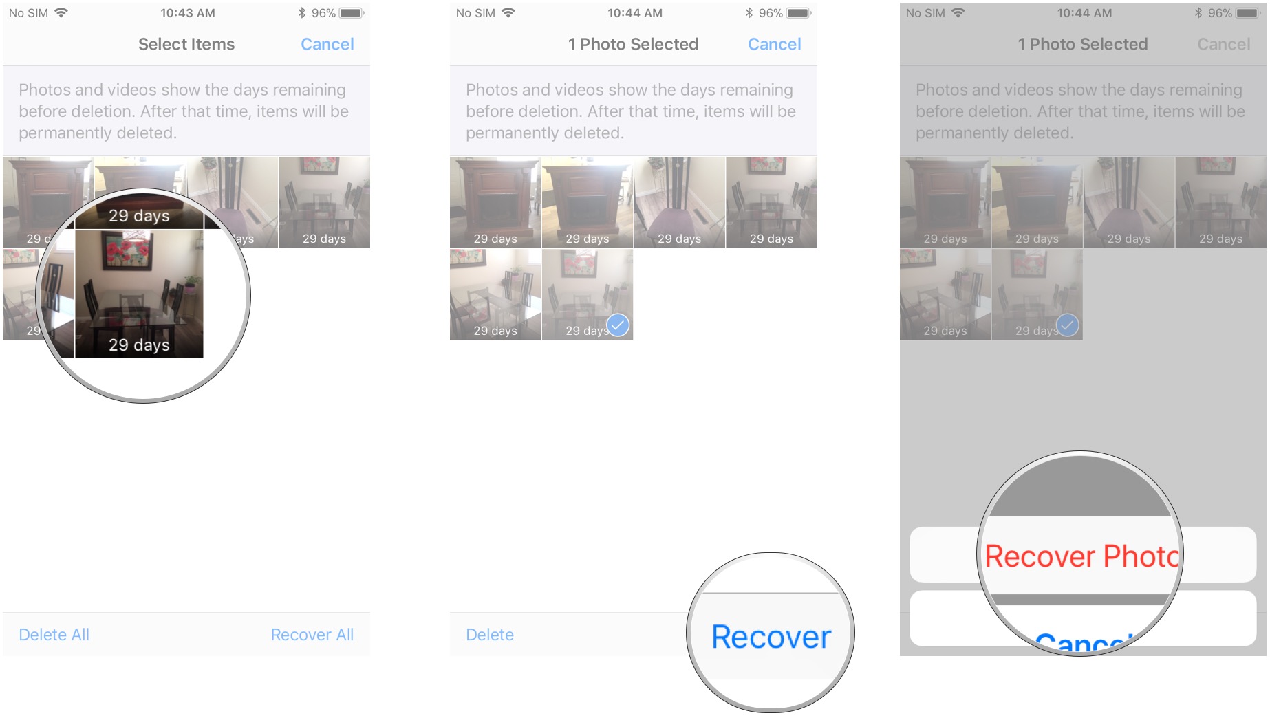 Tap the photos you want to recover, tap Recover, tap Recover Photos in the prompt
