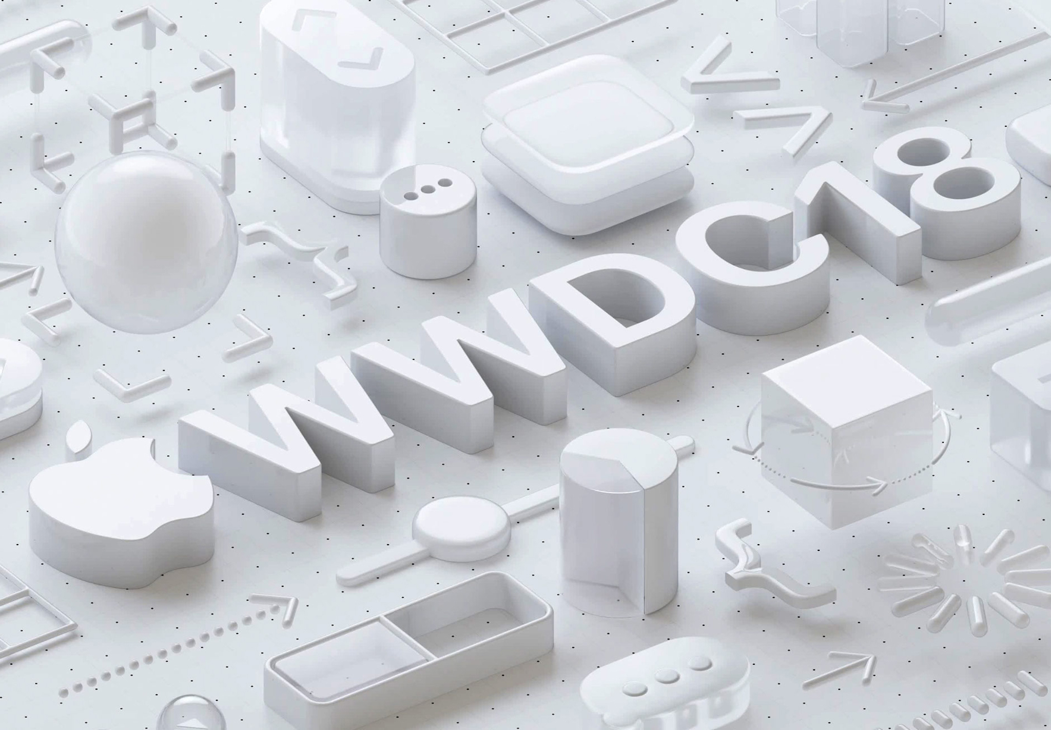 Apple's promotional imagery for WWDC 2018, consisting of lots of three-dimensional, all-white shapes rising from a flat surface.