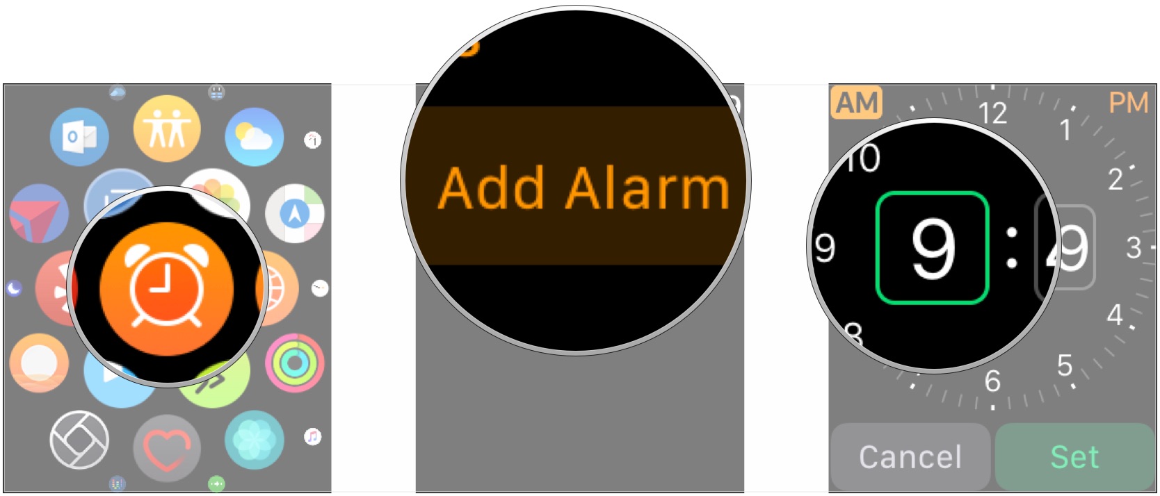 Open Alarms, tap Add Alarm, tap hour square