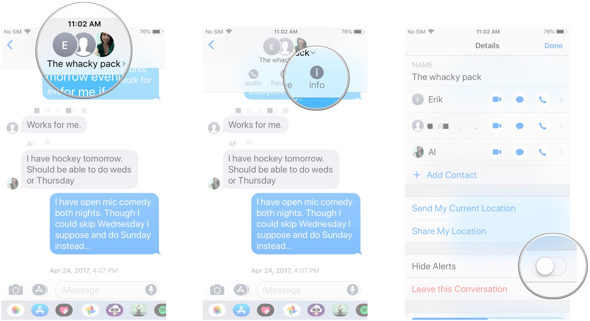 Muting a group message in iMessage: Tap the contacts at the top, tap info, tap Hide Alerts