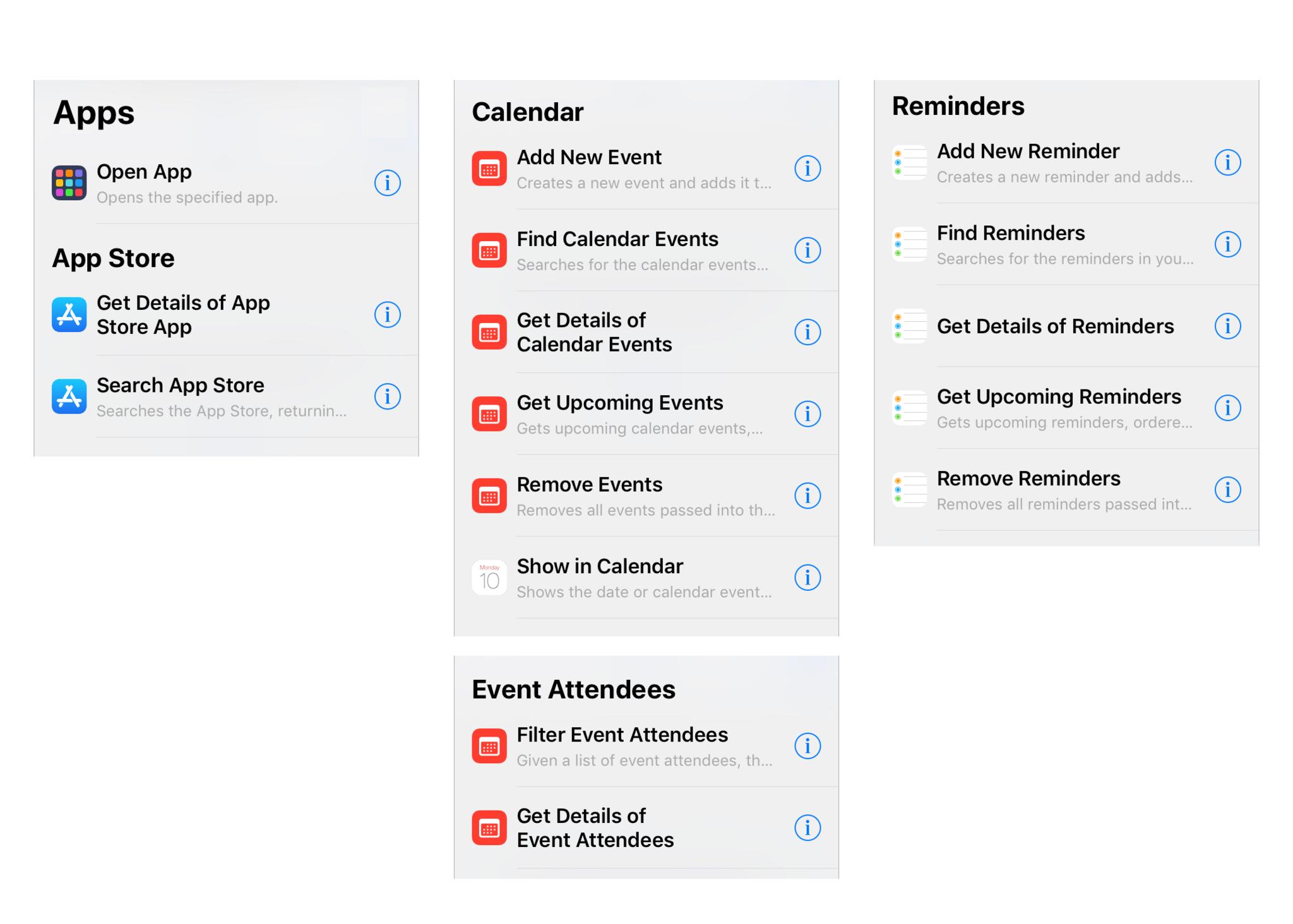 Image showing clipped screenshots of Shortcuts actions, including the Apps, Calendar, Event Attendees, and Reminders categories.