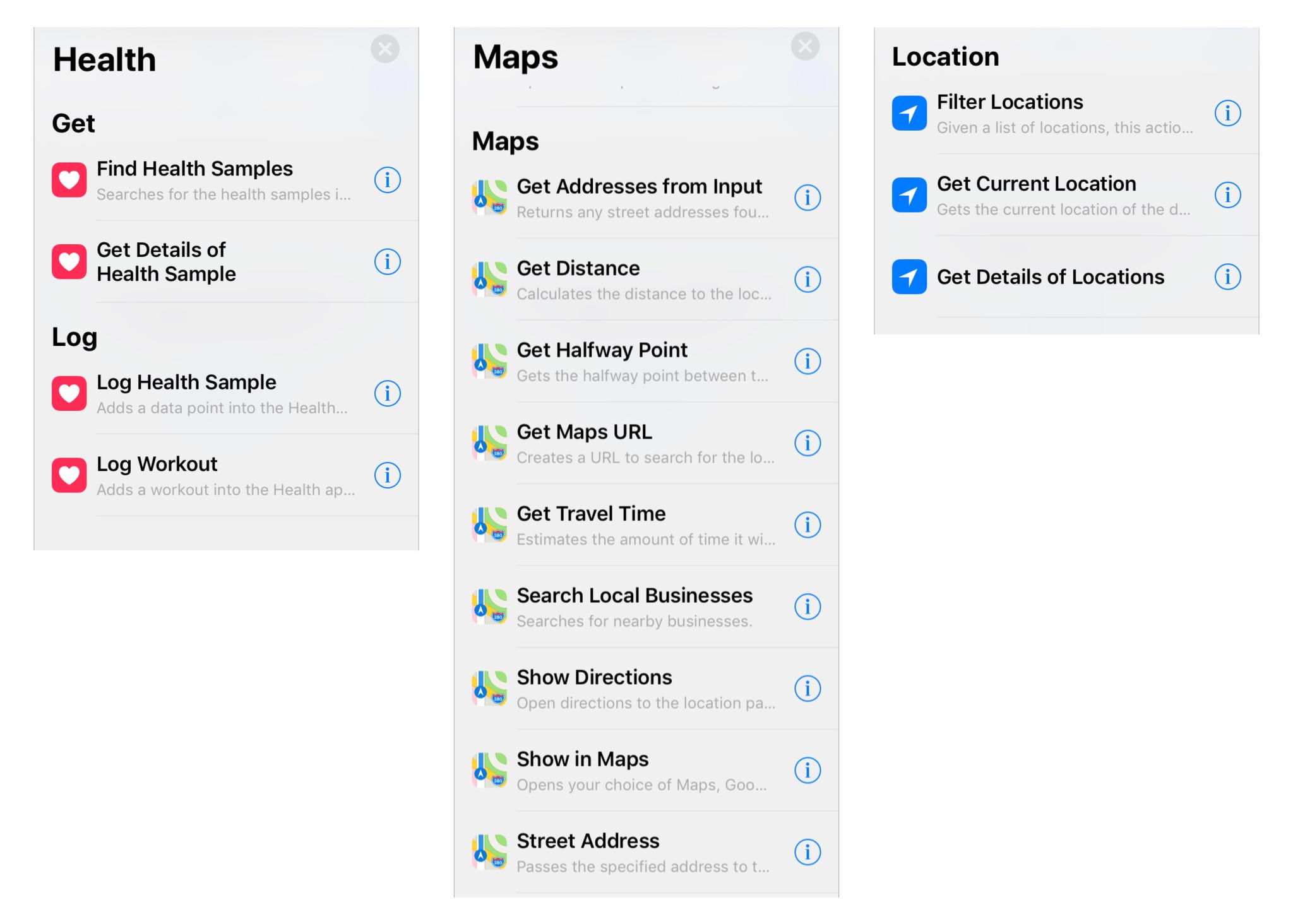 Image showing clipped screenshots of Shortcuts actions, including the Health, Maps, and Location categories