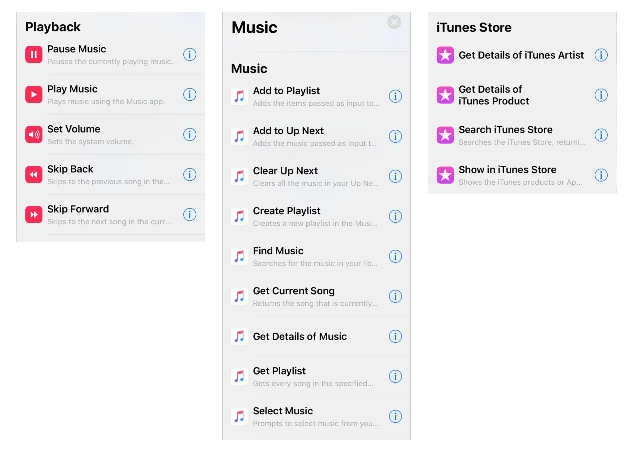 Image showing clipped screenshots of Shortcuts actions, including the Playback, Music, and iTunes categories