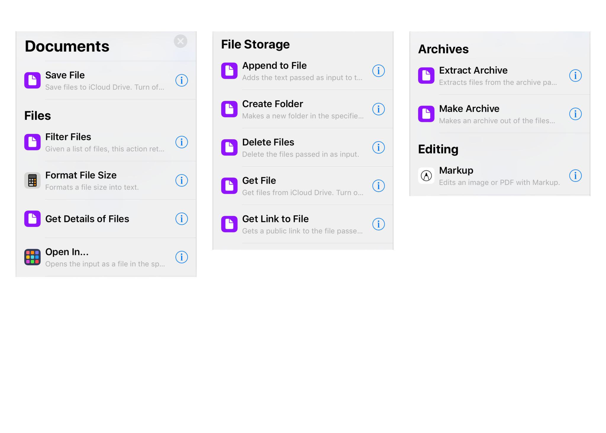 Image showing clipped screenshots of Shortcuts actions, including the Documents category