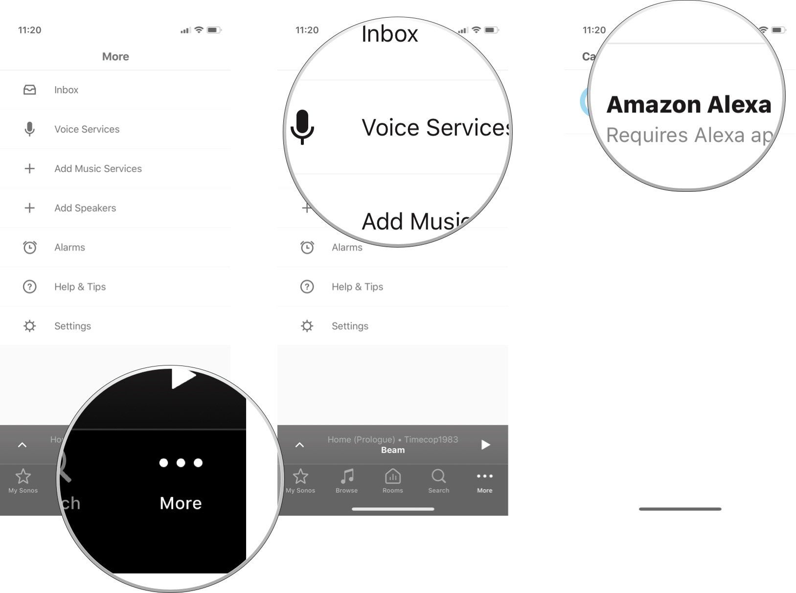 Коснитесь «Еще», затем коснитесь «Голосовые службы», затем коснитесь Amazon Alexa.