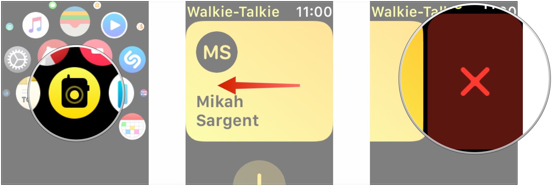 Open Walkie-Talkie, swipe left on contact, tap X