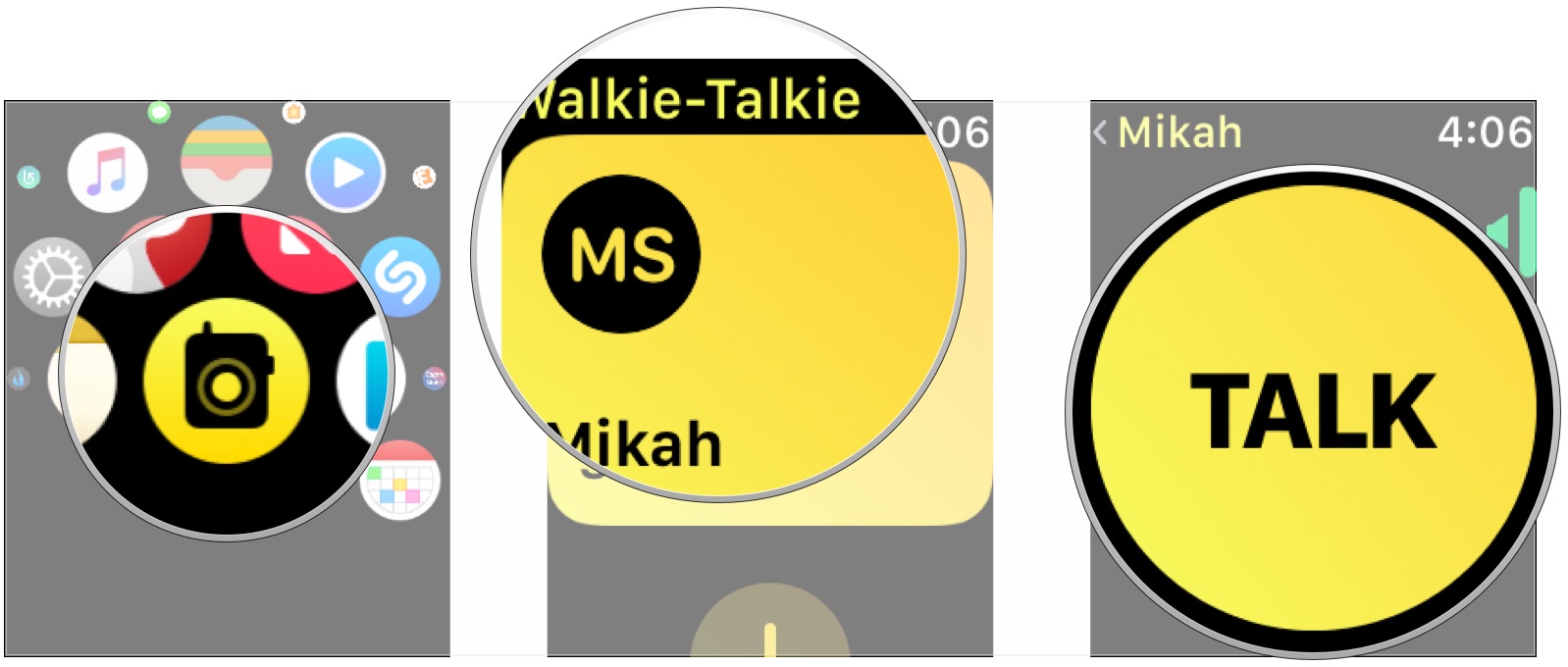 Open Walkie-Talkie, tap contact, tap and hold Talk