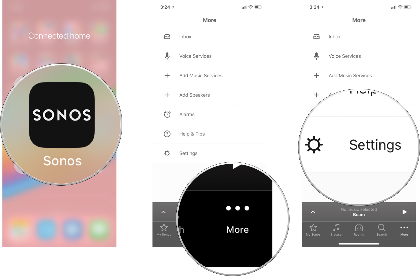 Launch the Sonos app, then tap More, then tap Settings