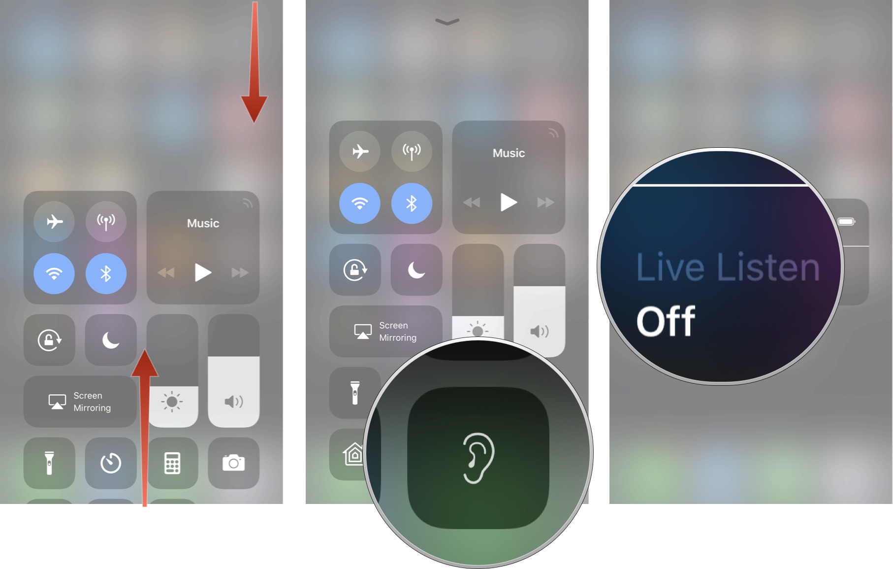 Launch Control Center, then tap the Live Listen icon, then tap Live Listen to turn it on