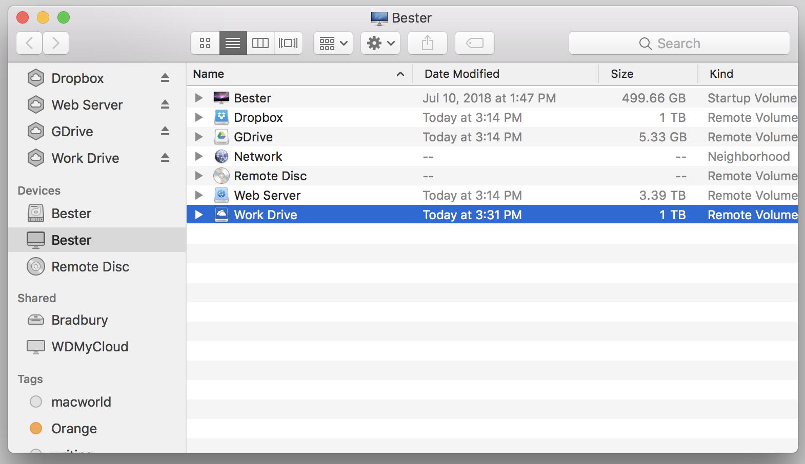 Once mounted, your cloud drives show up in the Finder just like any other drive.