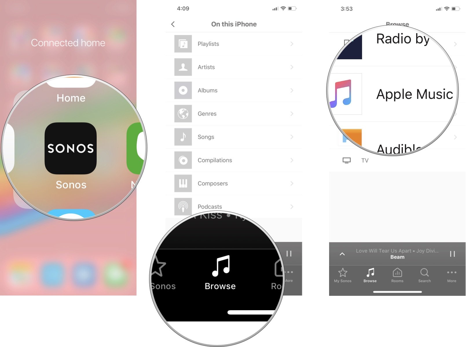 Launch the Sonos app, tap Browse, then select a music service