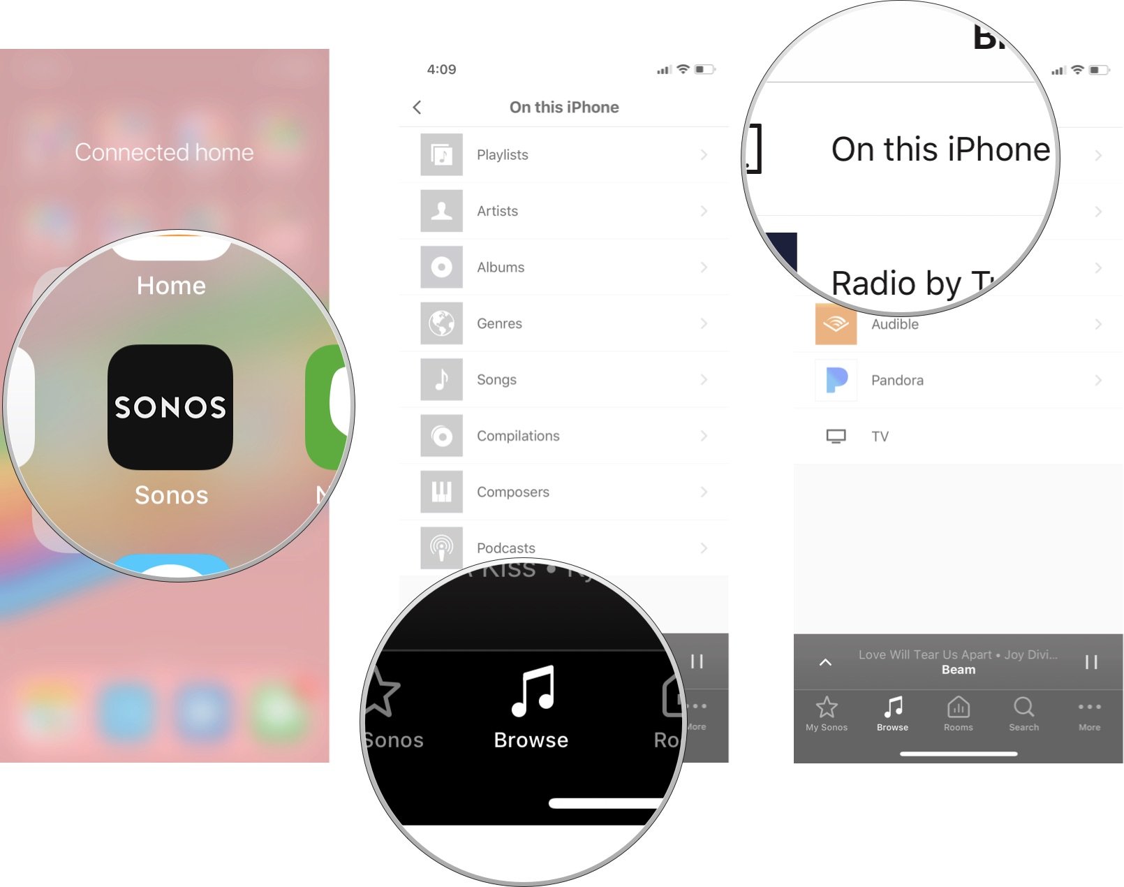 Launch the Sonos app, then tap Browse, then tap On this iPhone