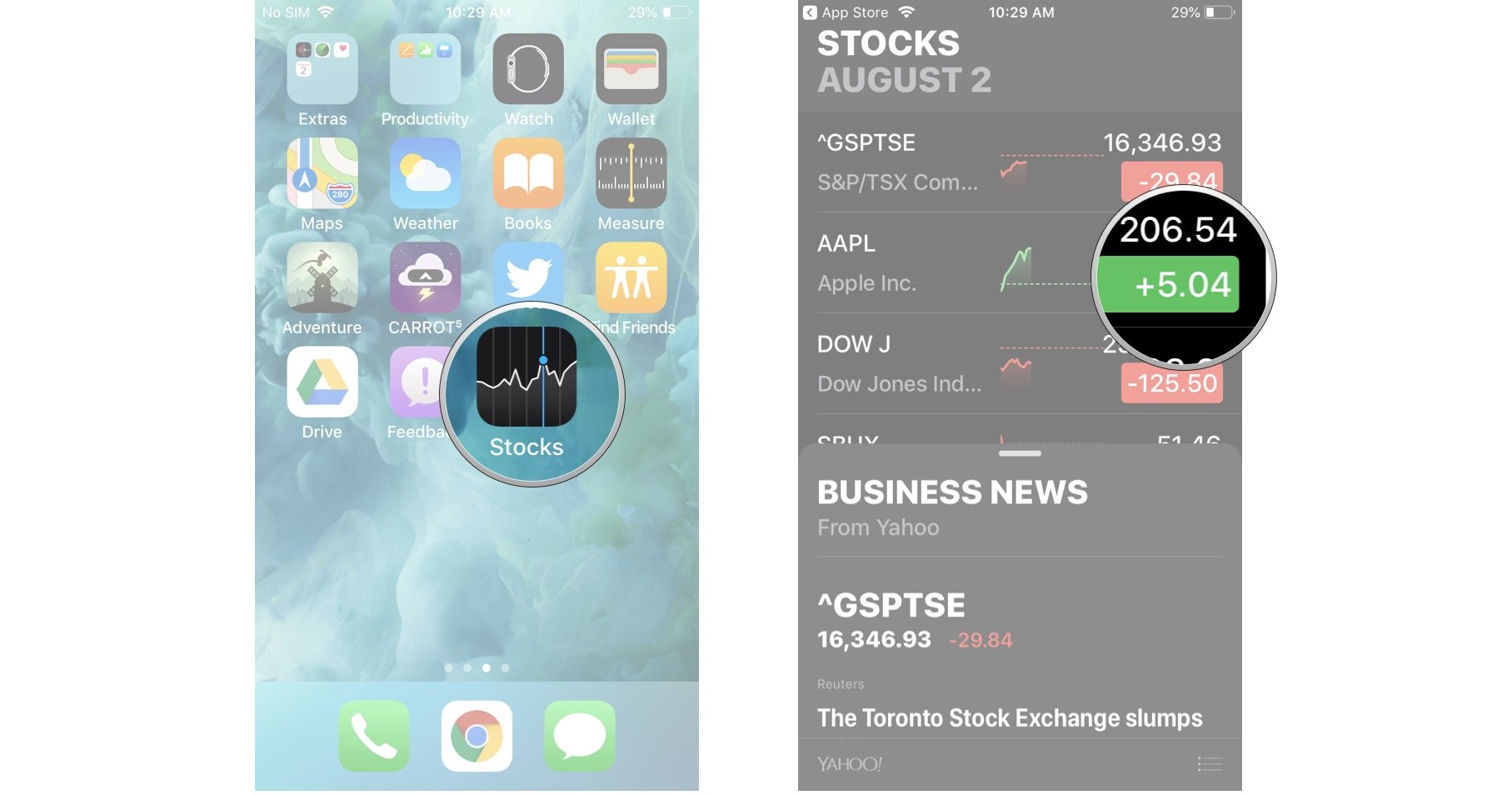Launch Stocks, tap the values next to each stock