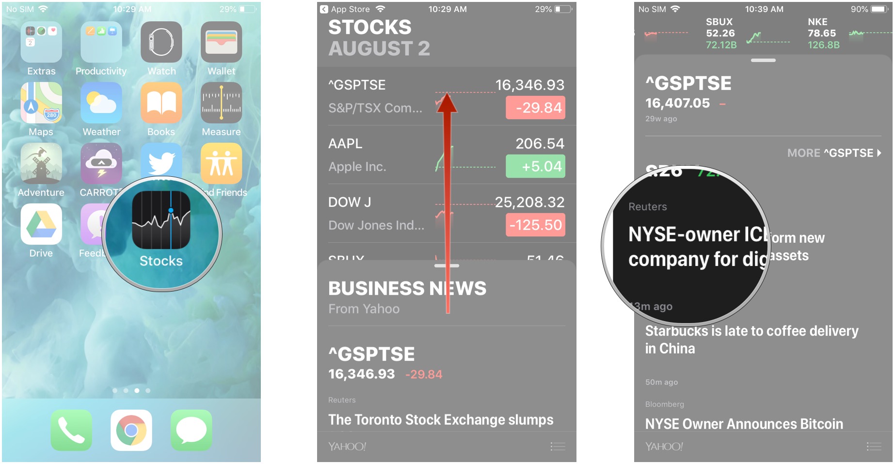 Launch Stocks, drag the Business News slider up, tap a story to read more
