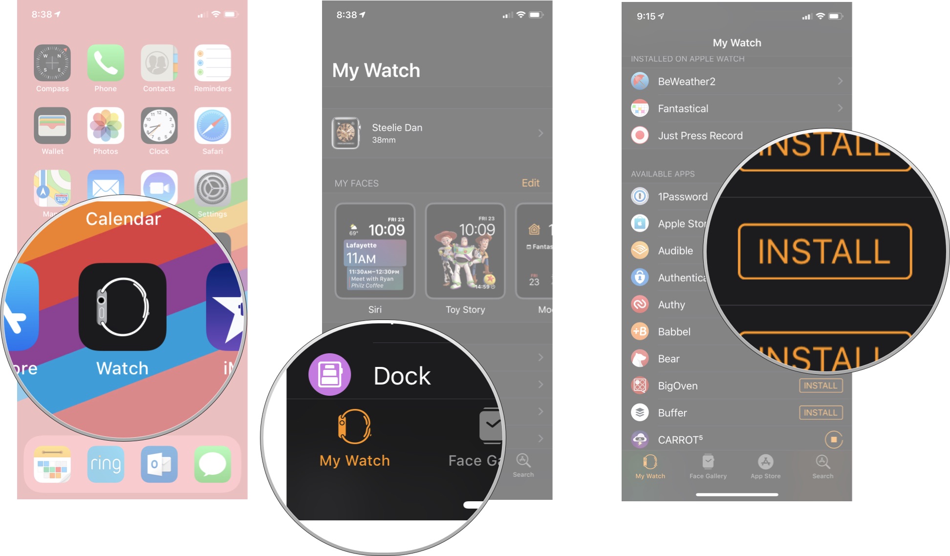 Launch the Watch app, then tap My Watch, then tap Install next to Audible