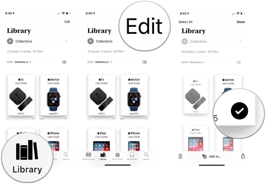 Delete Books in Books in iOS 15: Launch Books, tap library, tap edit, and then tap the books you want to delete.