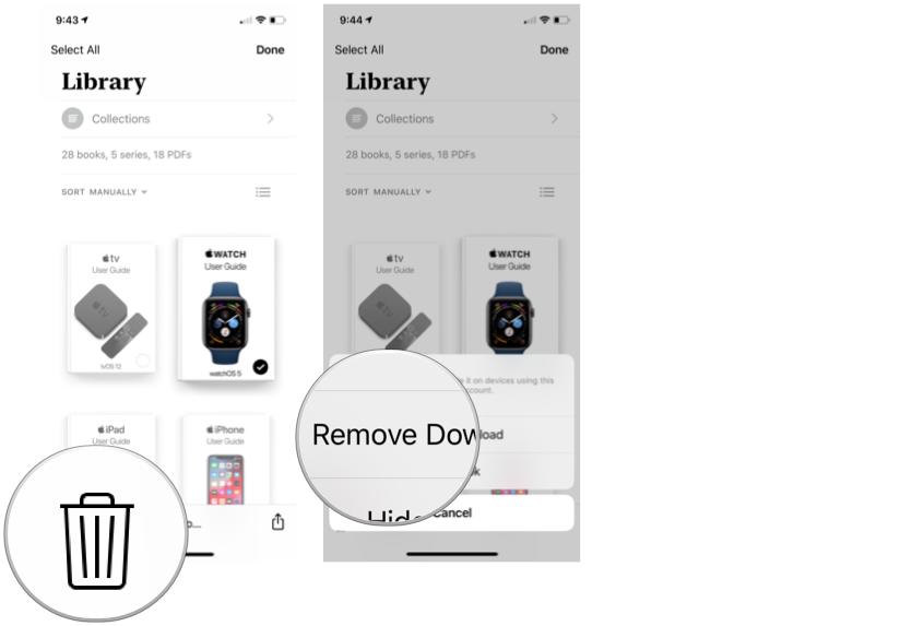 Delete Books in Books in iOS 15: Tap the delete button and then tap remove download.