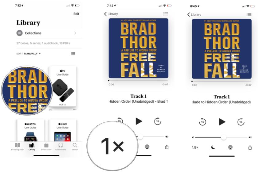 Changing audiobook playback speed in Books in iOS 15: Tap the audiobook you want to play and then tap the playback speed.