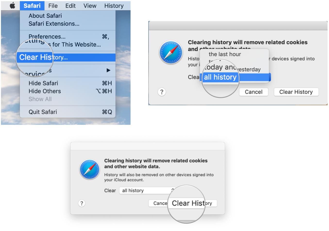В меню Safari выберите «Очистить историю», установите временные рамки и нажмите «Очистить историю».