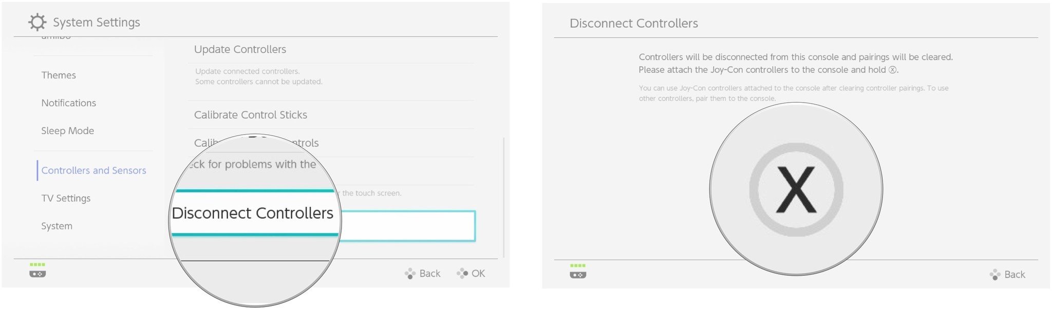 Выберите контроллеры отключения, затем нажмите кнопку X после подключения контроллеров к коммутатору.