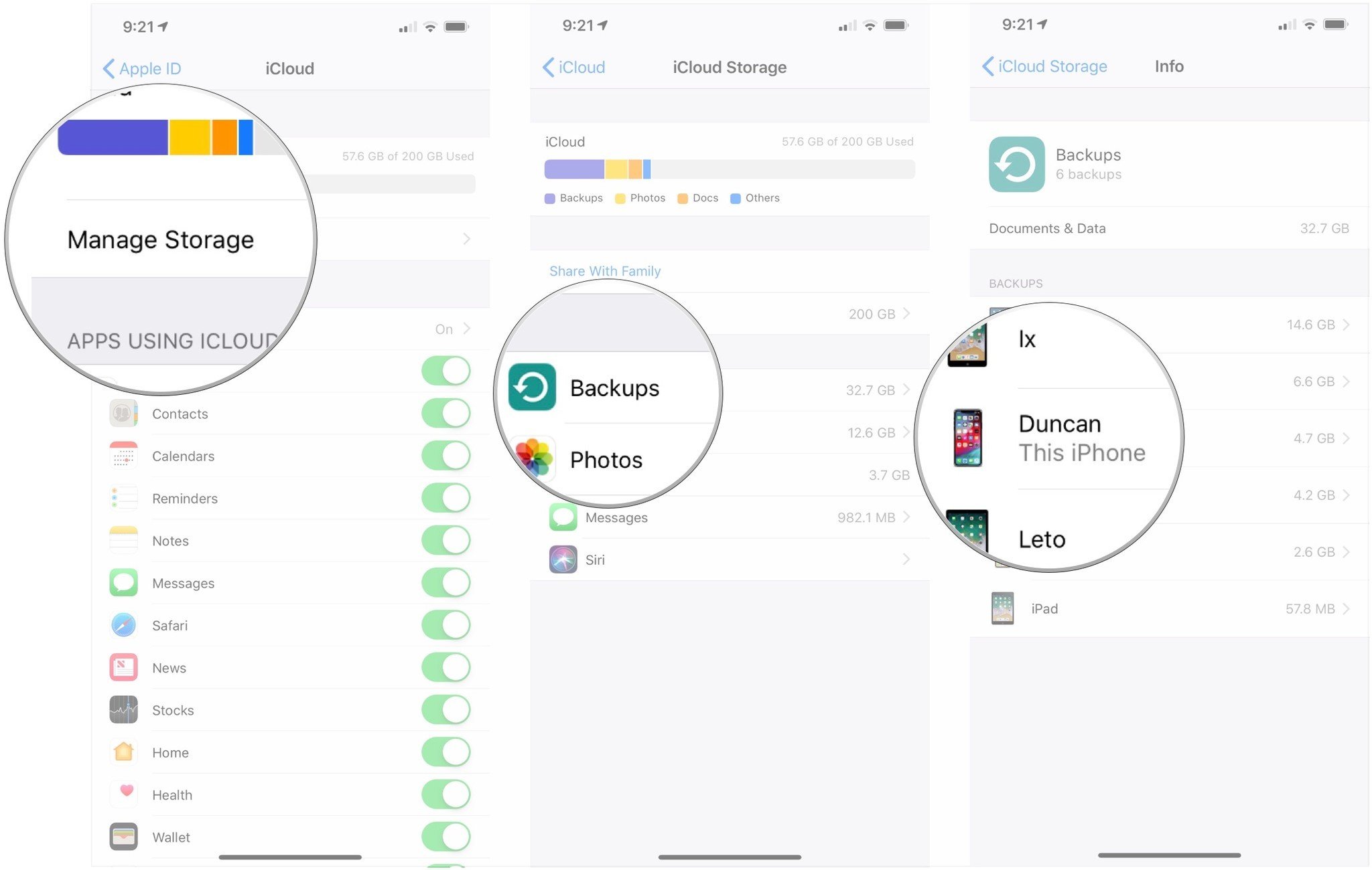 Choisissez les données d'application à sauvegarder sur iCloud pour iPhone en affichant : Appuyez sur Gérer le stockage, appuyez sur Sauvegardes, appuyez sur votre appareil