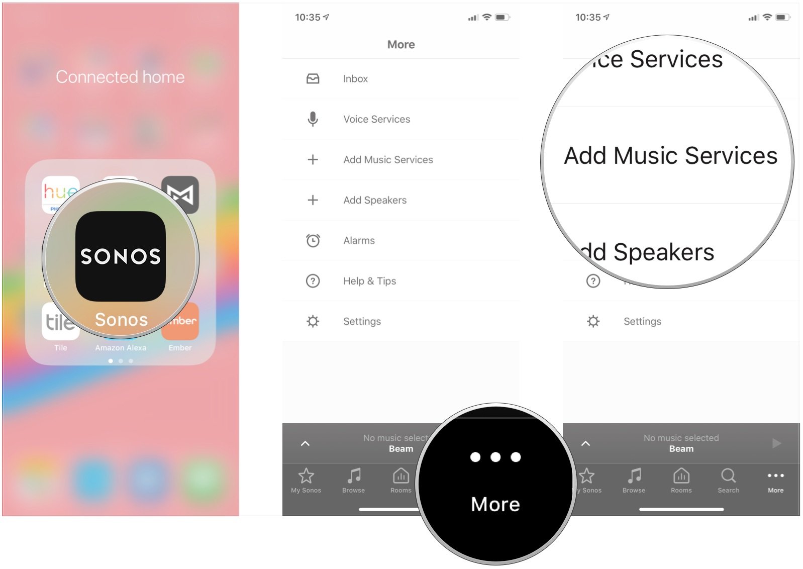 Откройте Sonos, нажмите «Еще», нажмите «Добавить музыкальные сервисы».
