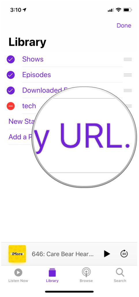 Apple Podcasts Library Edit menu highlighting Add by URL