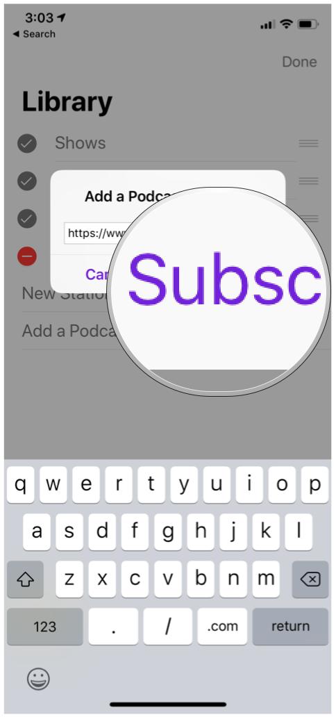 Apple Podcast URL text box highlighting Subscribe button