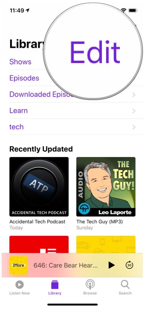 Выделена кнопка редактирования библиотеки приложения Apple Podcasts