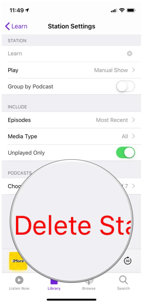 Apple Podcasts app Station Settings delete station option