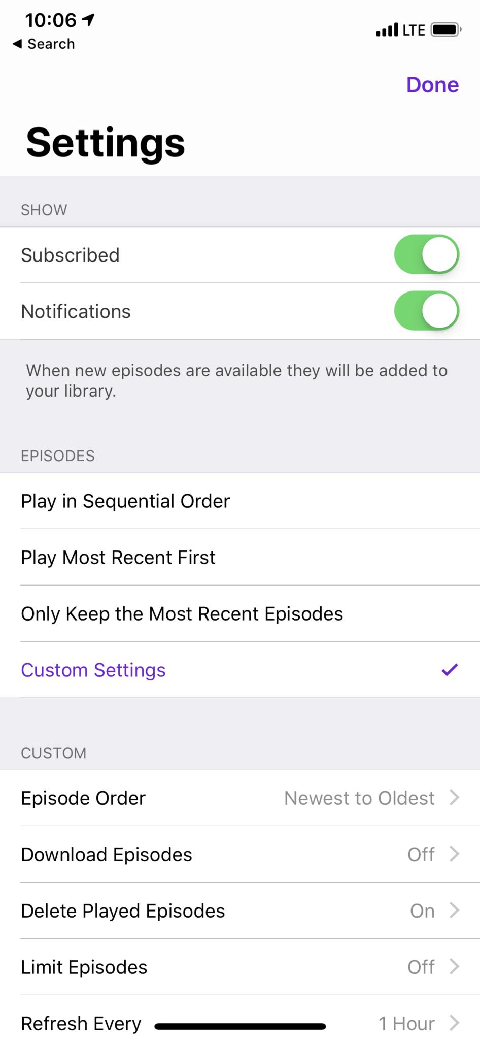 Apple Podcast individual podcast show settings 
