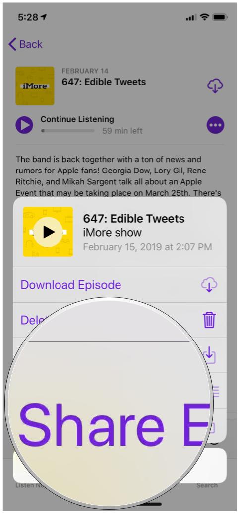 Подробная информация об эпизоде ​​Apple Podcasts поделиться меню эпизода