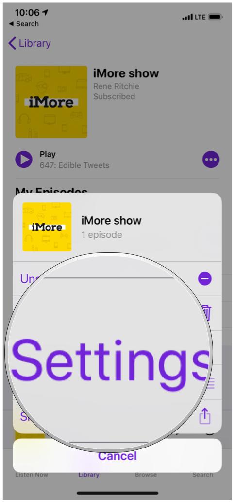 Apple Podcasts podcast details view, more menu popup